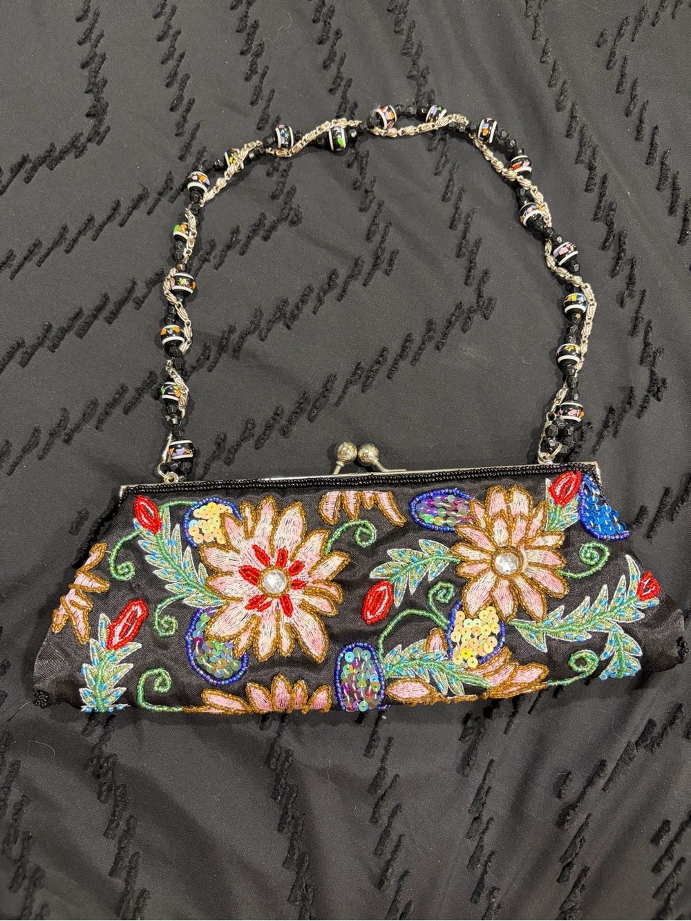 CATO Vintage Hand-Beaded Floral Embroidered Black Evening Clutch